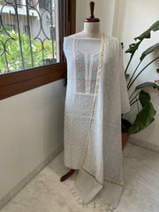 Grey Suit Set with Pearl, Cut Daana and Thread Handwork in Pure Mul Chanderi - Masakalee