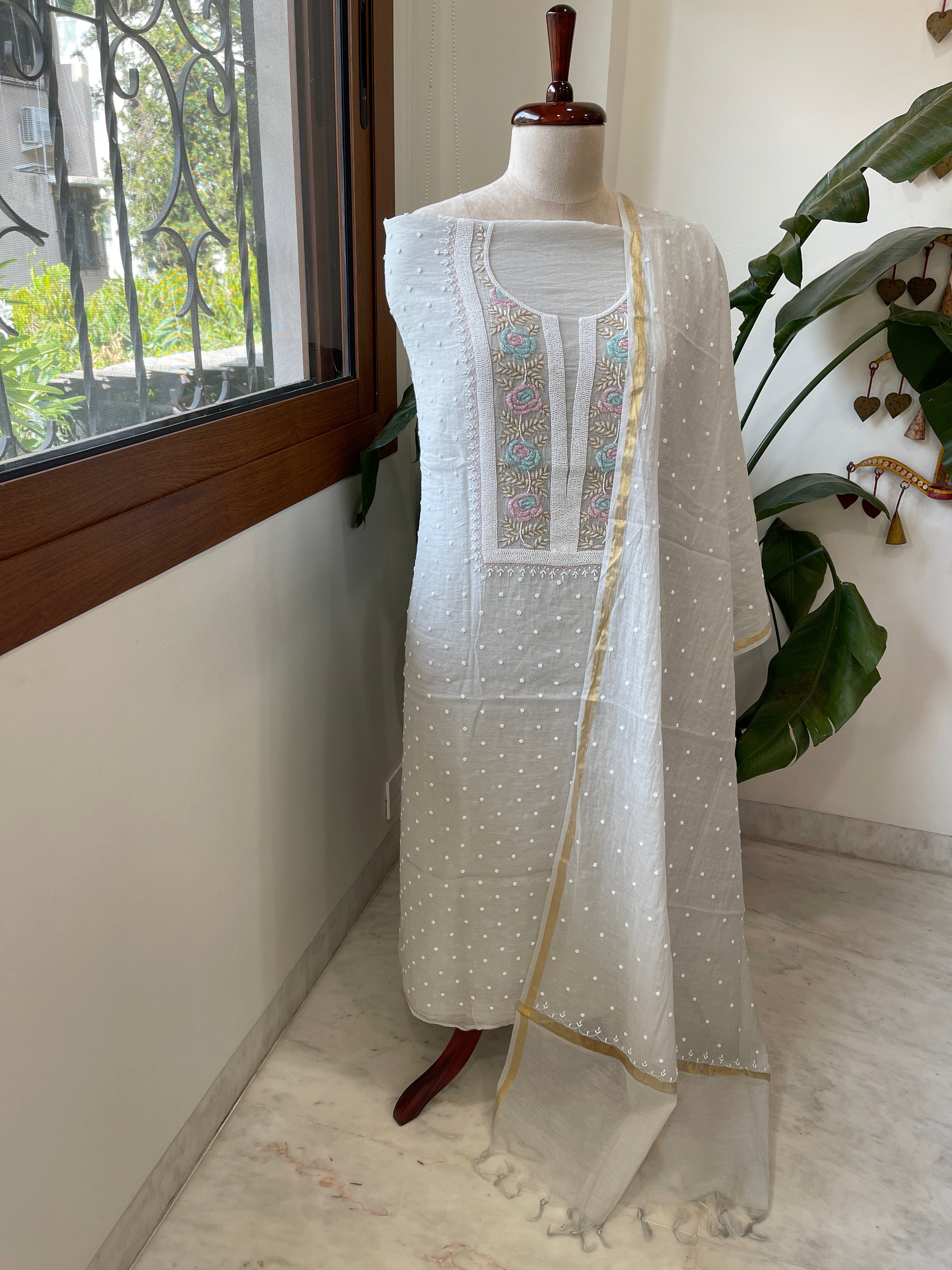 Grey Suit Set with Pearl, Cut Daana and Thread Handwork in Pure Mul Chanderi - Masakalee