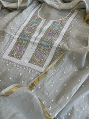 Grey Suit Set with Pearl, Cut Daana and Thread Handwork in Pure Mul Chanderi - Masakalee