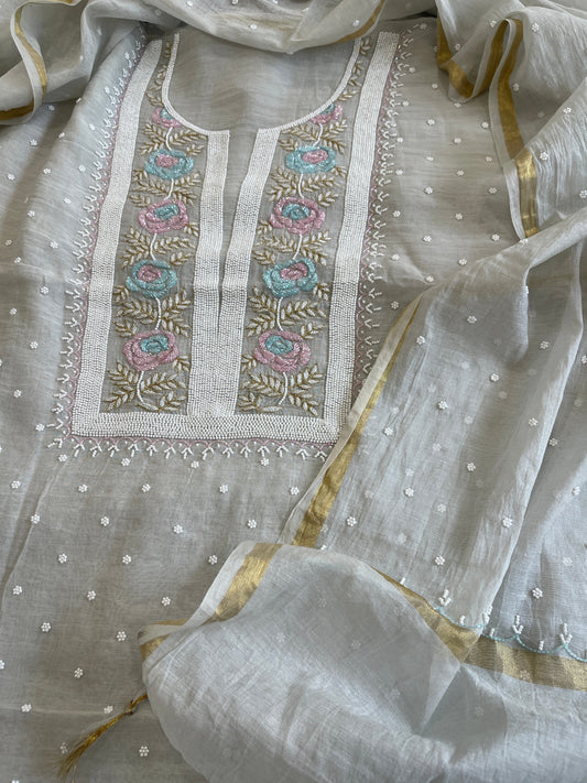 Grey Suit Set with Pearl, Cut Daana and Thread Handwork in Pure Mul Chanderi - Masakalee