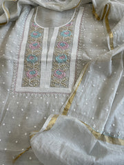Grey Suit Set with Pearl, Cut Daana and Thread Handwork in Pure Mul Chanderi - Masakalee