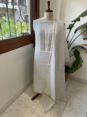 Grey Suit Set with Pearl, Cut Daana and Thread Handwork in Pure Mul Chanderi - Masakalee