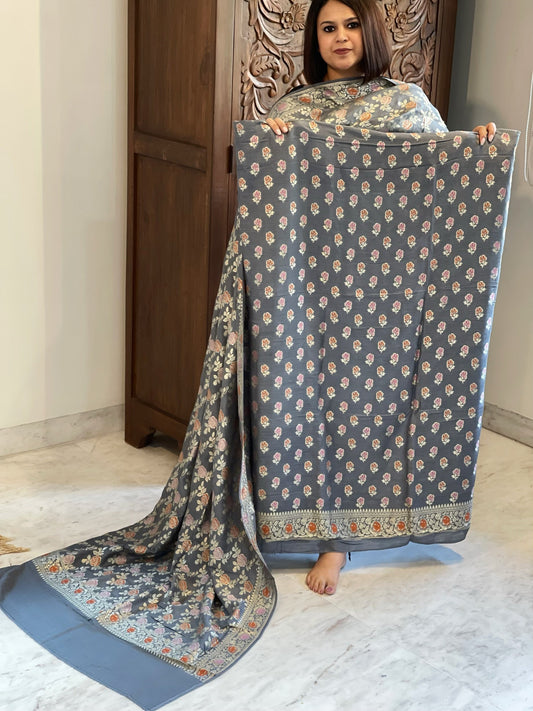 Grey Woven Suit Set with Zari and Meenakari in Weaving in Pure Moonga Silk - Masakalee