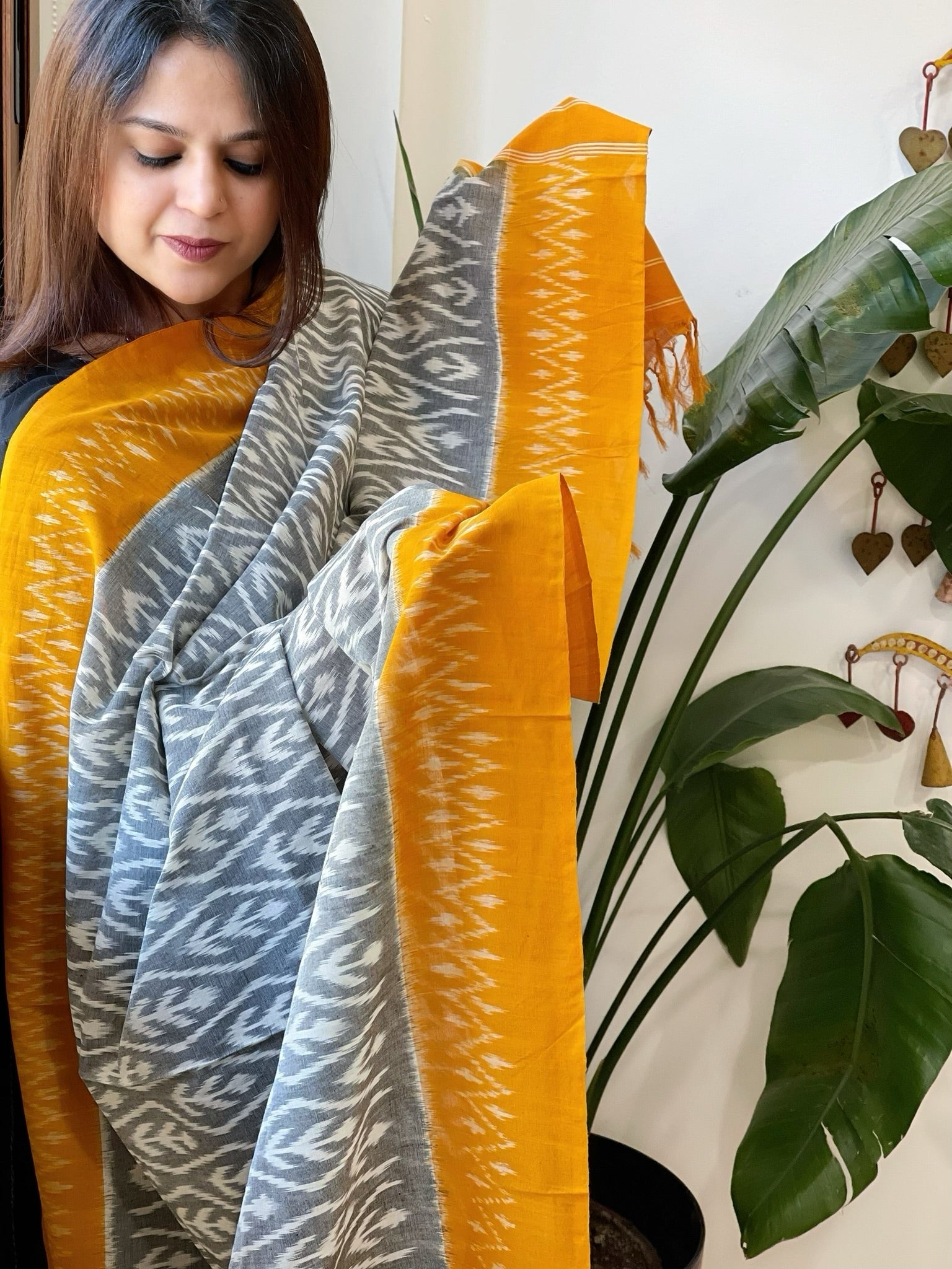 Grey, Yellow Handwoven Ikat Dupatta in Cotton - Masakalee