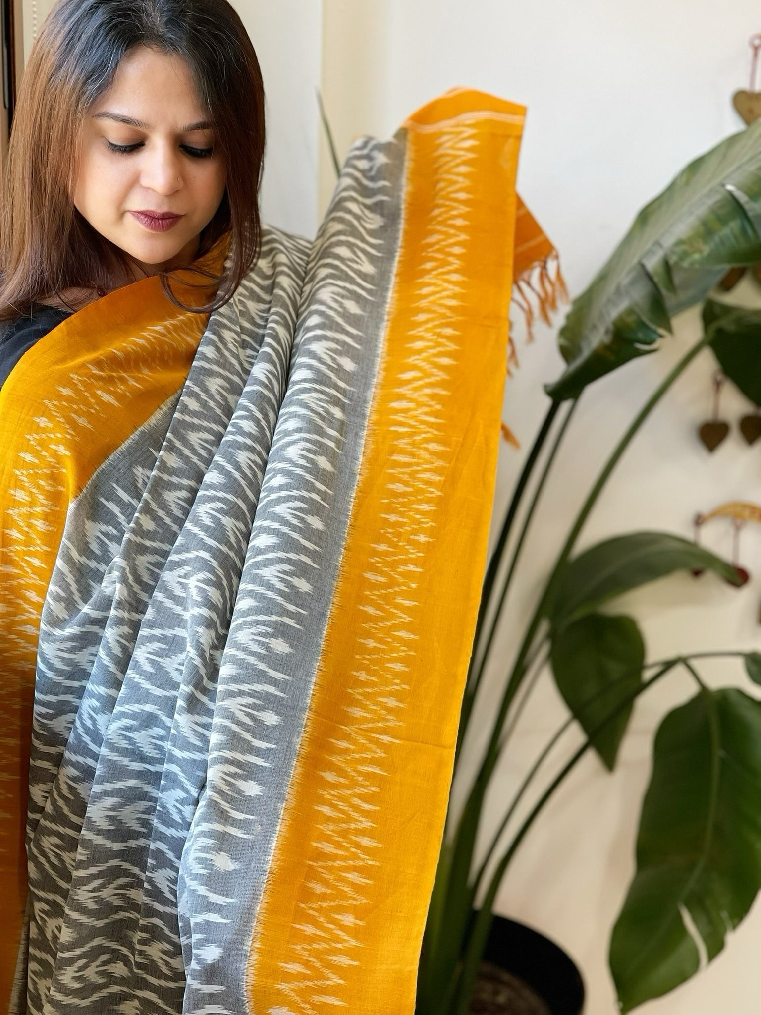 Grey, Yellow Handwoven Ikat Dupatta in Cotton - Masakalee