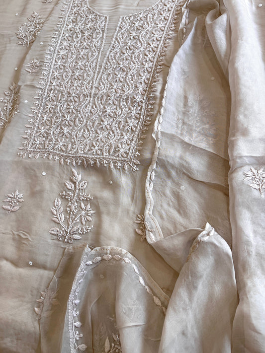 Greyish Beige Suit Set with Lucknowi and Pearl Handwork in Organza Crepe - Masakalee