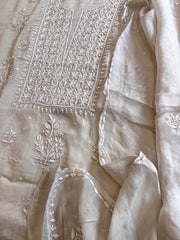 Greyish Beige Suit Set with Lucknowi and Pearl Handwork in Organza Crepe - Masakalee
