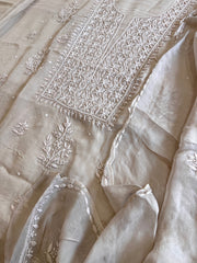Greyish Beige Suit Set with Lucknowi and Pearl Handwork in Organza Crepe - Masakalee
