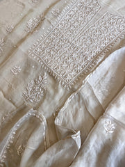 Greyish Beige Suit Set with Lucknowi and Pearl Handwork in Organza Crepe - Masakalee