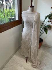 Greyish Beige Suit Set with Lucknowi and Pearl Handwork in Organza Crepe - Masakalee