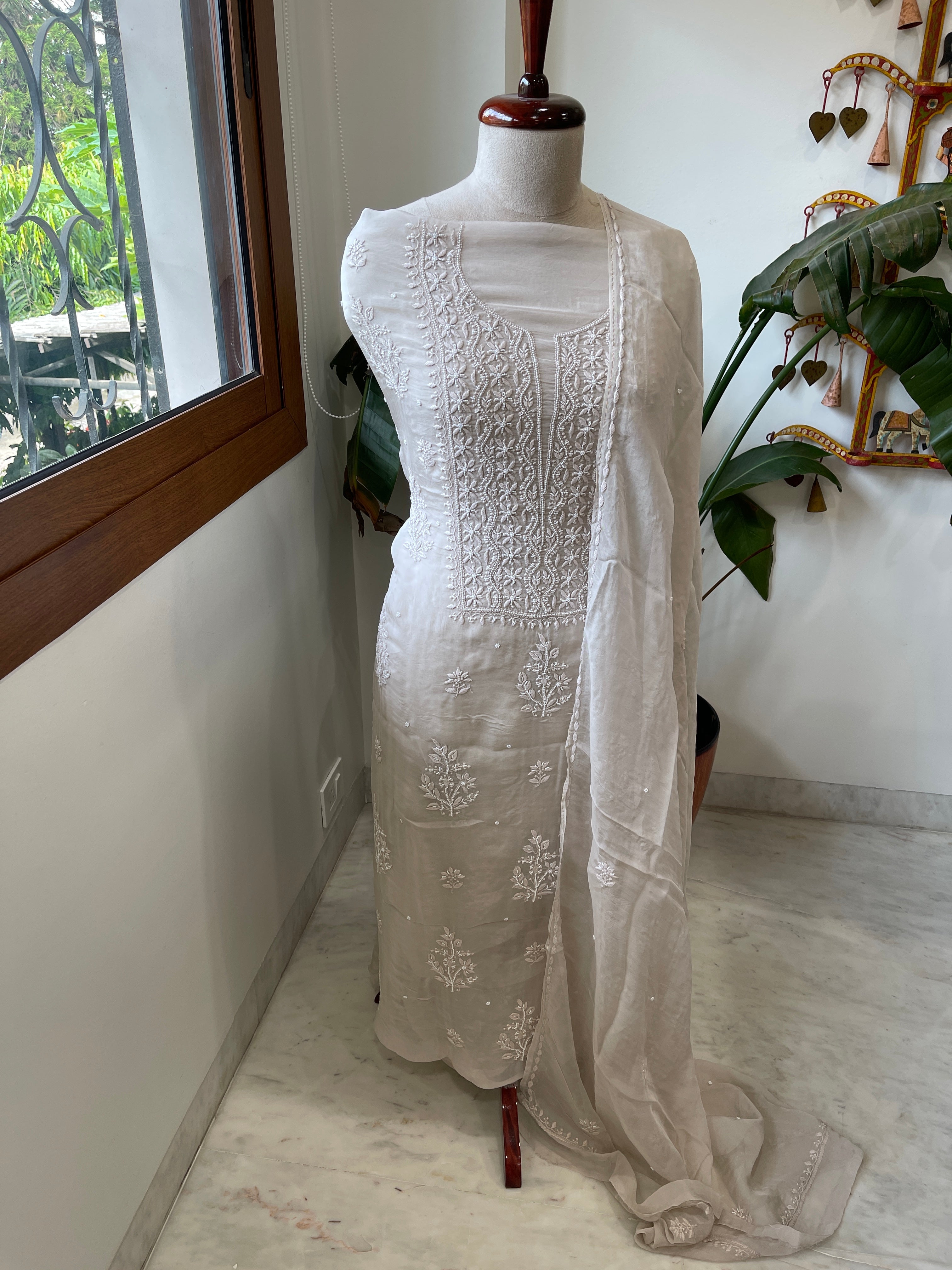 Greyish Beige Suit Set with Lucknowi and Pearl Handwork in Organza Crepe - Masakalee