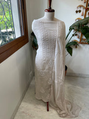 Greyish Beige Suit Set with Lucknowi and Pearl Handwork in Organza Crepe - Masakalee