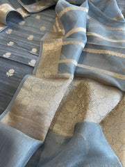 Greyish Blue Designer Banarasi Suit Set in Raw Silk - Masakalee
