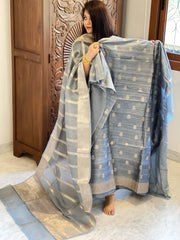 Greyish Blue Designer Banarasi Suit Set in Raw Silk - Masakalee