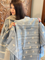 Greyish Blue Designer Banarasi Suit Set in Raw Silk - Masakalee
