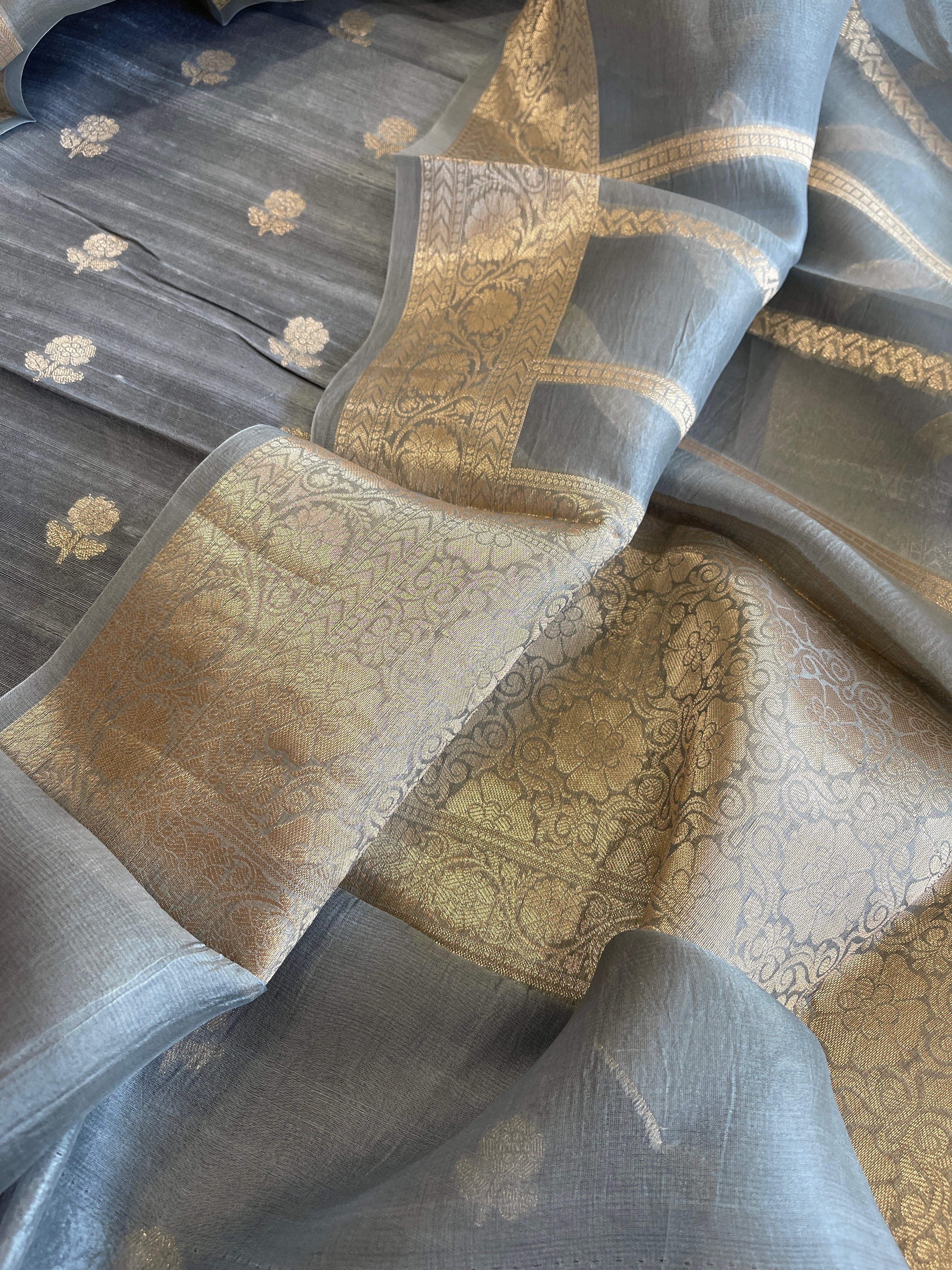 Greyish Blue Designer Banarasi Suit Set in Raw Silk - Masakalee