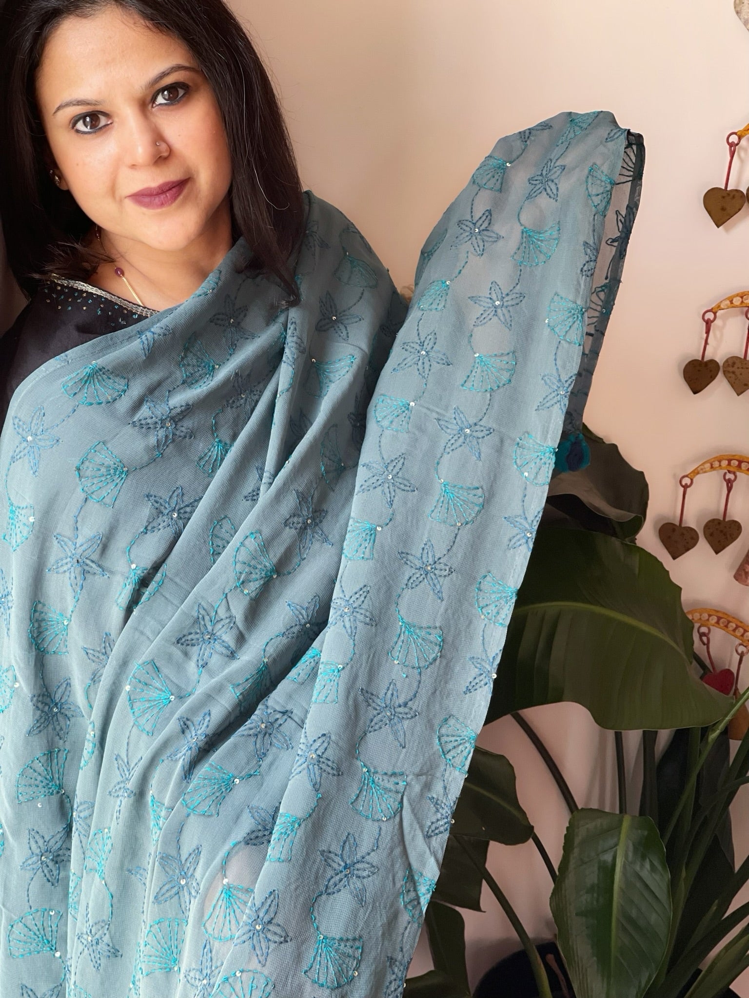 Greyish Blue Hand Embroidered Dupatta in Georgette - Masakalee