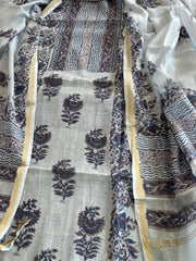 Greyish Blue Handblock Printed Suit Set in Mul Cotton - Masakalee