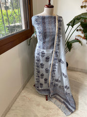 Greyish Blue Handblock Printed Suit Set in Mul Cotton - Masakalee