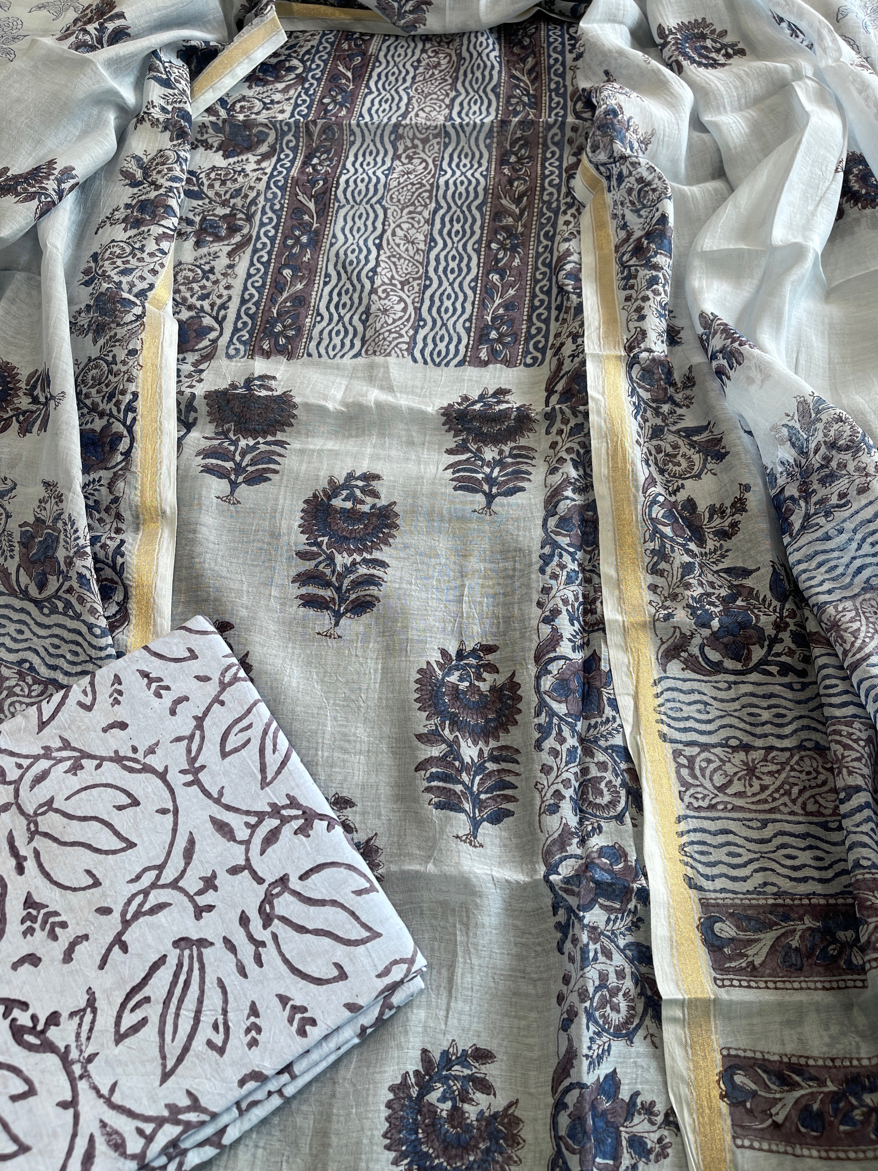 Greyish Blue Handblock Printed Suit Set in Mul Cotton - Masakalee