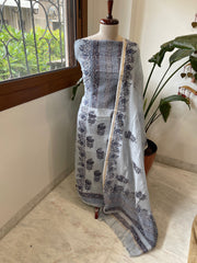 Greyish Blue Handblock Printed Suit Set in Mul Cotton - Masakalee