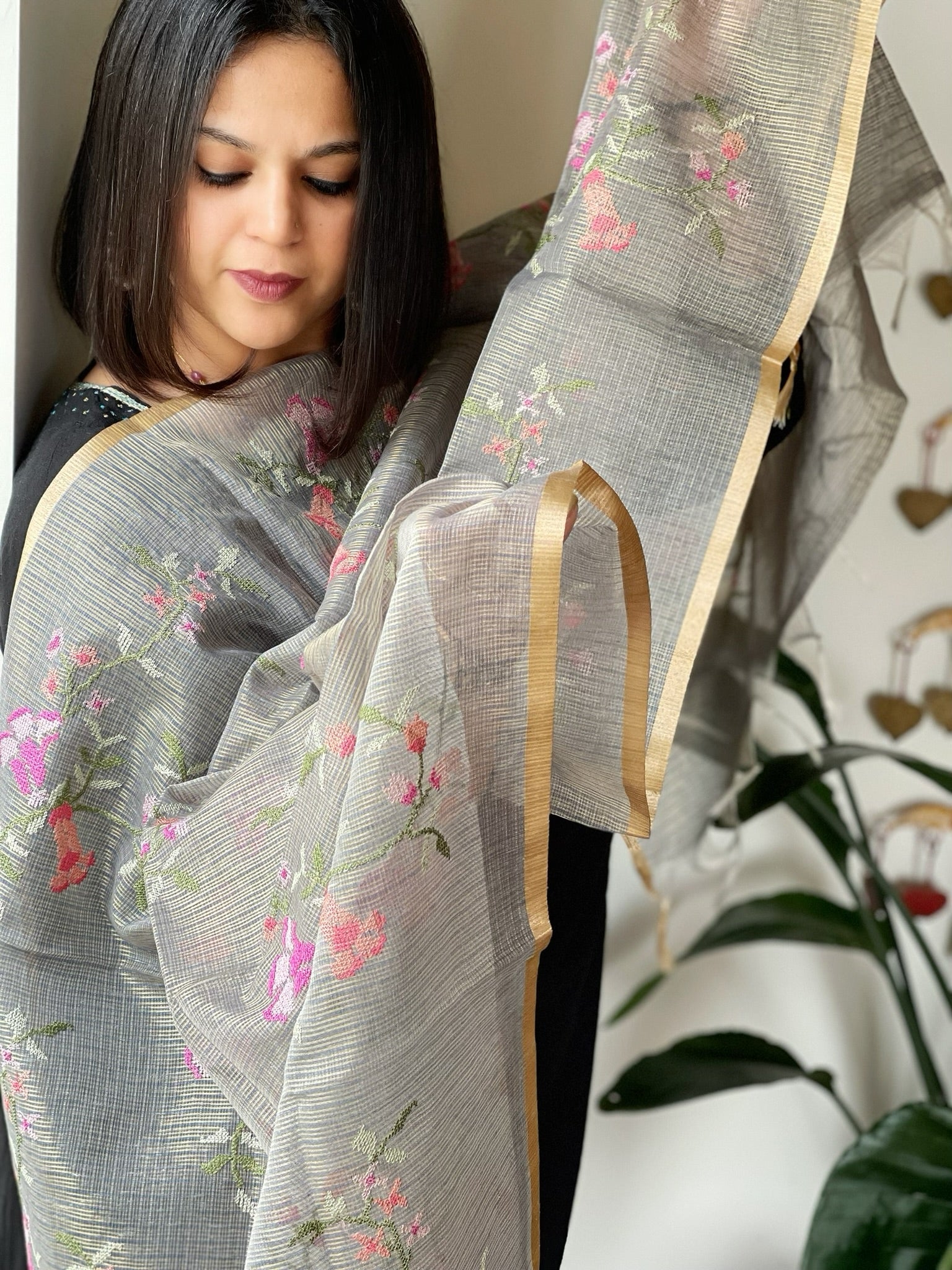 Greyish Blue Kota Organza Dupatta with cross - stitch Jaal embroidery - Masakalee