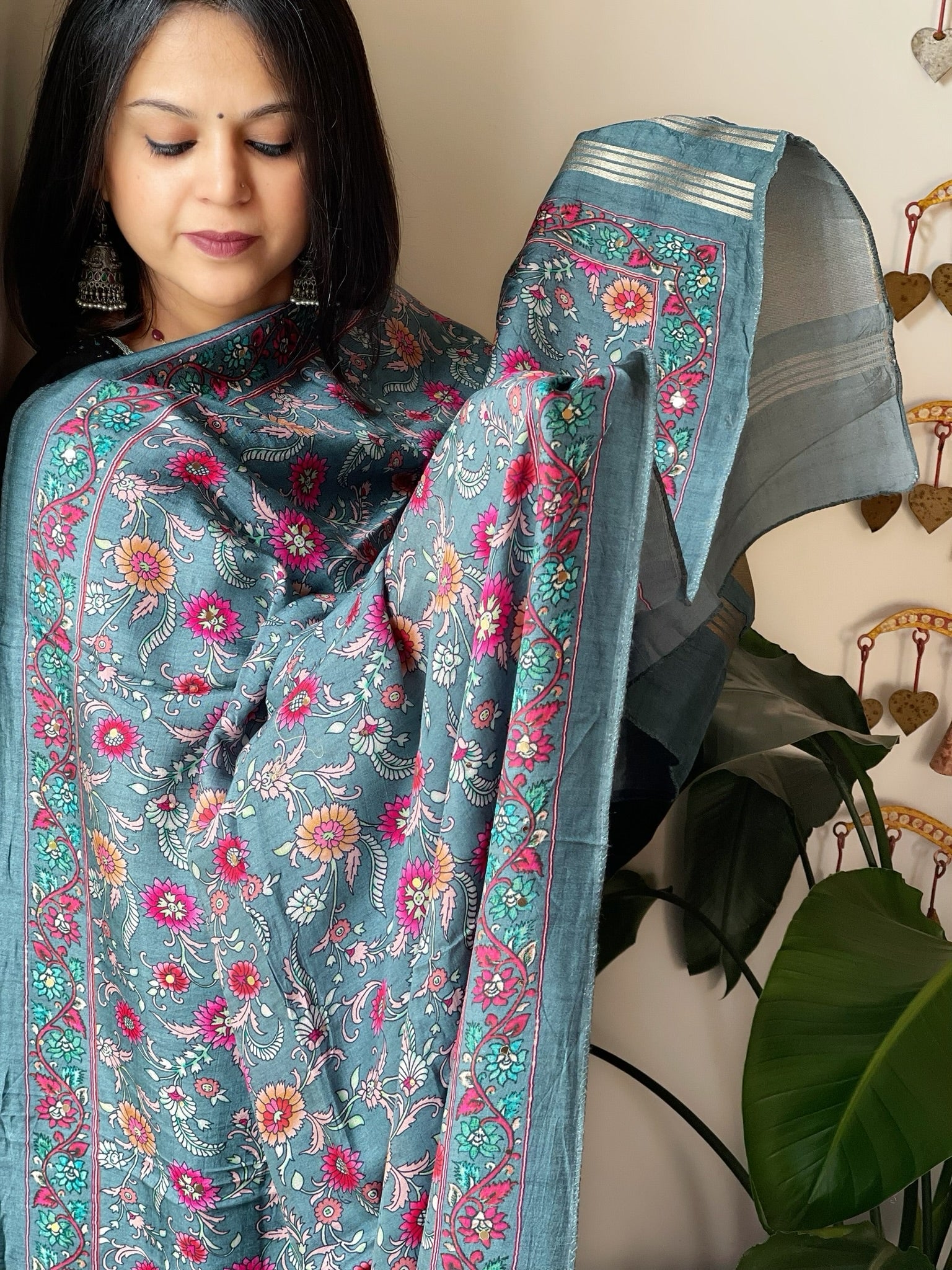 Greyish Blue Printed Kalamkari Dupatta with Sequin Work and Zari Pallu in Dola Silk - Masakalee