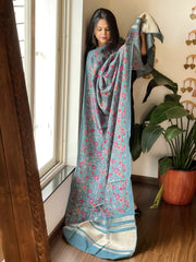 Greyish Blue Printed Kalamkari Dupatta with Sequin Work and Zari Pallu in Dola Silk - Masakalee