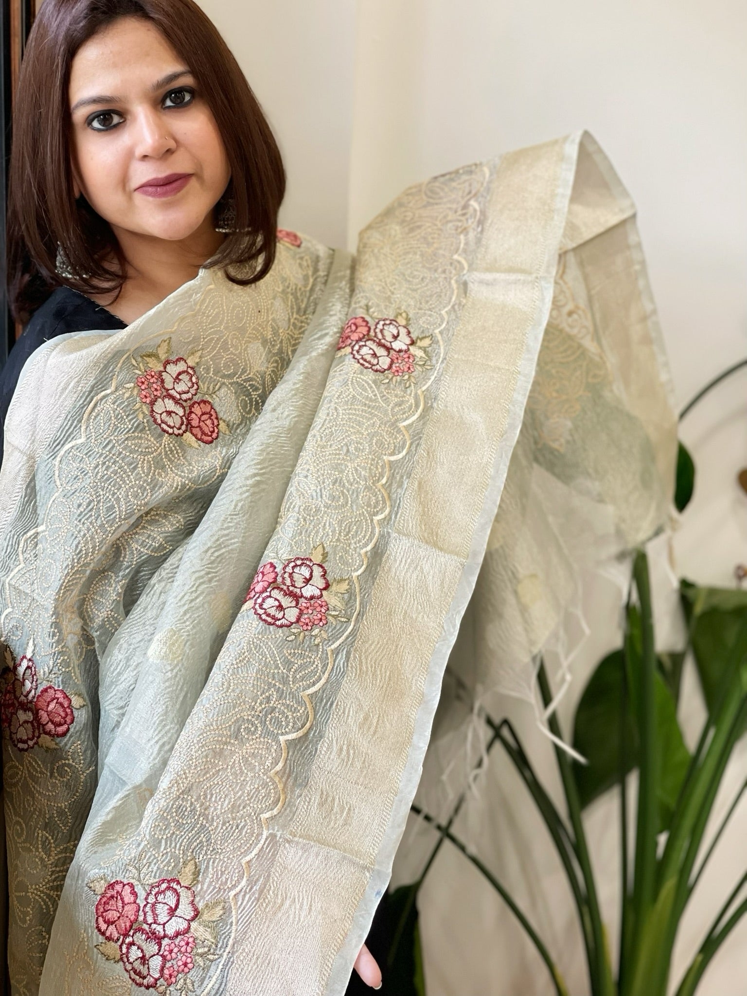 Greyish Blue Tissue Dupatta with Thread Embroidery - Masakalee