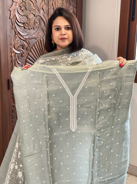Greyish Green Suit Set with Thread Embroidery in Pure Tussar Silk - Masakalee