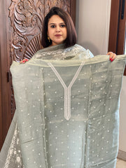 Greyish Green Suit Set with Thread Embroidery in Pure Tussar Silk - Masakalee