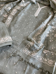 Greyish Green Suit Set with Thread Embroidery in Pure Tussar Silk - Masakalee