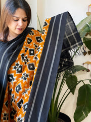 Haldi Yellow, Black Double Ikat Telia Rumal Dupatta in Cotton - Masakalee