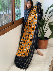 Haldi Yellow, Black Double Ikat Telia Rumal Dupatta in Cotton - Masakalee