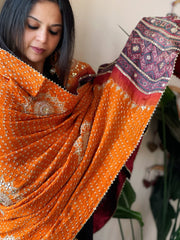 Haldi Yellow Rai Bandhani, Ajrakh Dupatta with Gotapatti Handwork in Gajji Silk - Masakalee