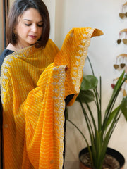 Haldi Yellow Viscose Printed Georgette Leheriya Dupatta with Gold Thread & Sequin Embroidered Border - Masakalee