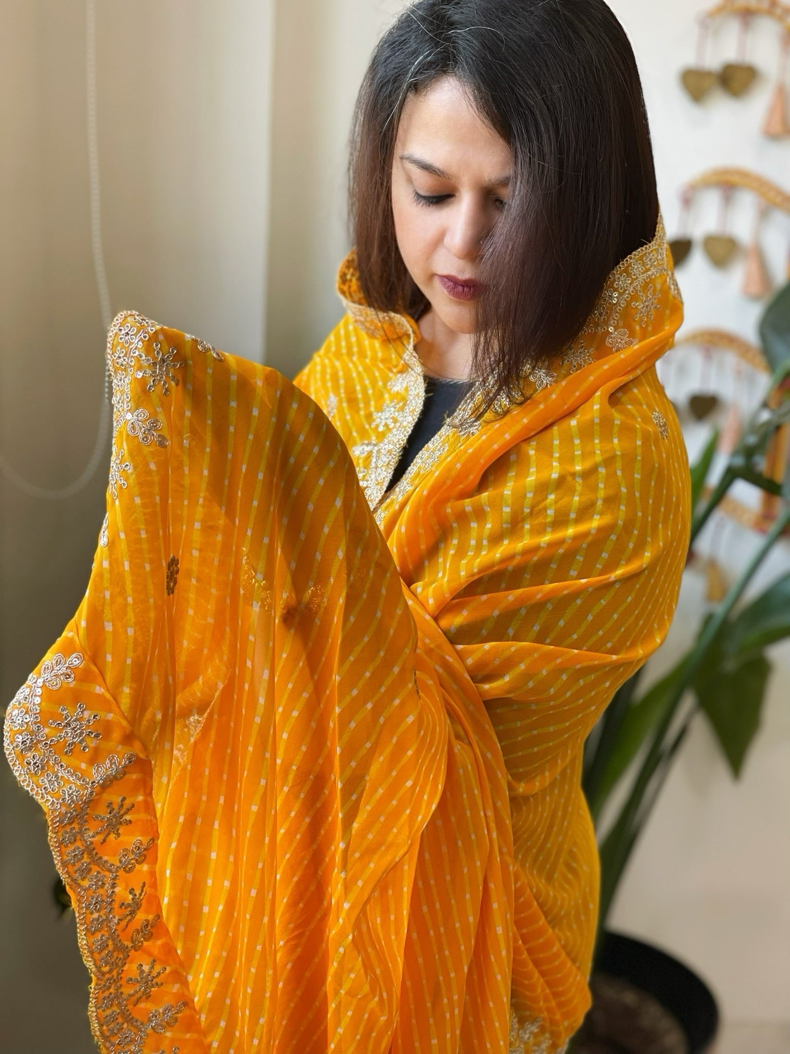 Haldi Yellow Viscose Printed Georgette Leheriya Dupatta with Gold Thread & Sequin Embroidered Border - Masakalee