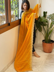 Haldi Yellow Viscose Printed Georgette Leheriya Dupatta with Gold Thread & Sequin Embroidered Border - Masakalee