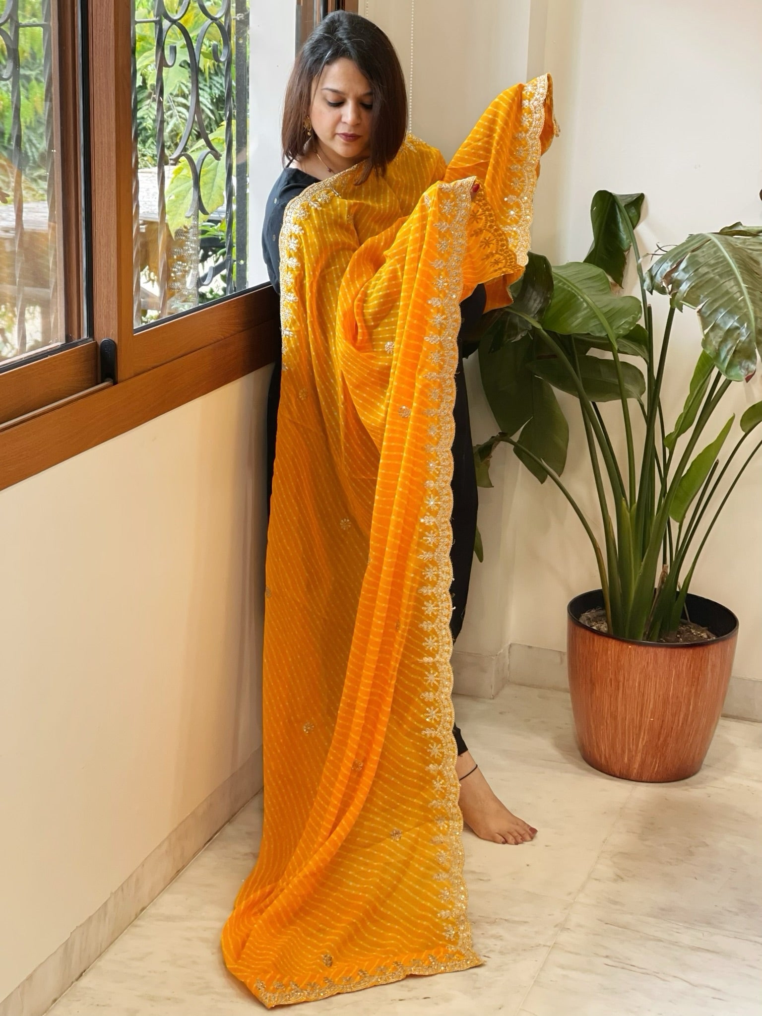 Haldi Yellow Viscose Printed Georgette Leheriya Dupatta with Gold Thread & Sequin Embroidered Border - Masakalee