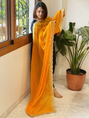 Haldi Yellow Viscose Printed Georgette Leheriya Dupatta with Gold Thread & Sequin Embroidered Border - Masakalee