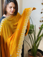 Haldi Yellow Viscose Printed Georgette Leheriya Dupatta with Gold Thread & Sequin Embroidered Border - Masakalee