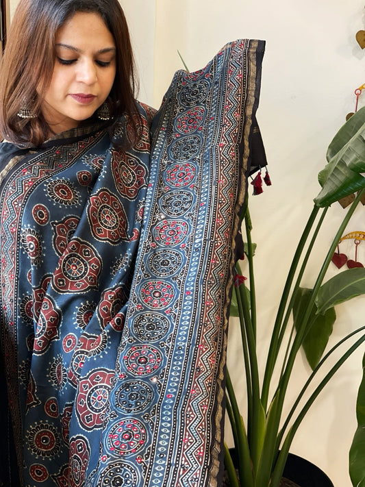 Handblock Printed Ajrakh Dupatta with Handwork in Chanderi Silk - Masakalee