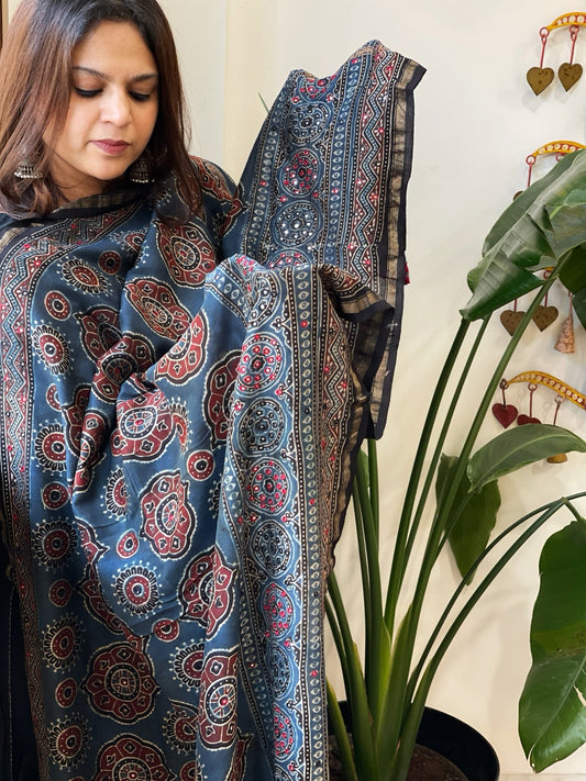Handblock Printed Ajrakh Dupatta with Handwork in Chanderi Silk - Masakalee