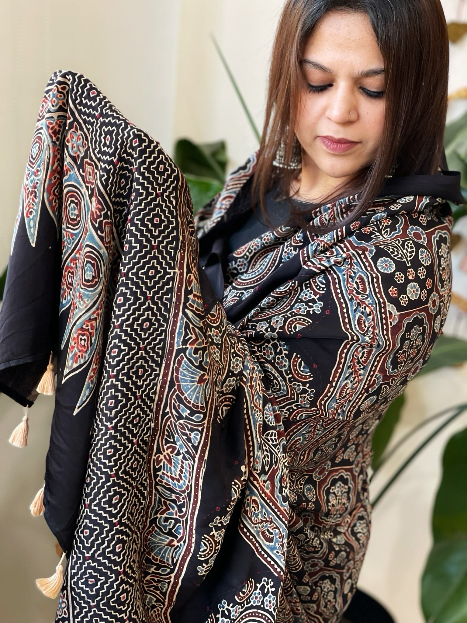 Handblock Printed Ajrakh Dupatta with Handwork in Modal Silk - Masakalee