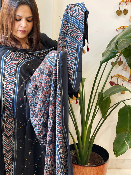 Handblock Printed Ajrakh Dupatta with Handwork in Modal Silk - Masakalee