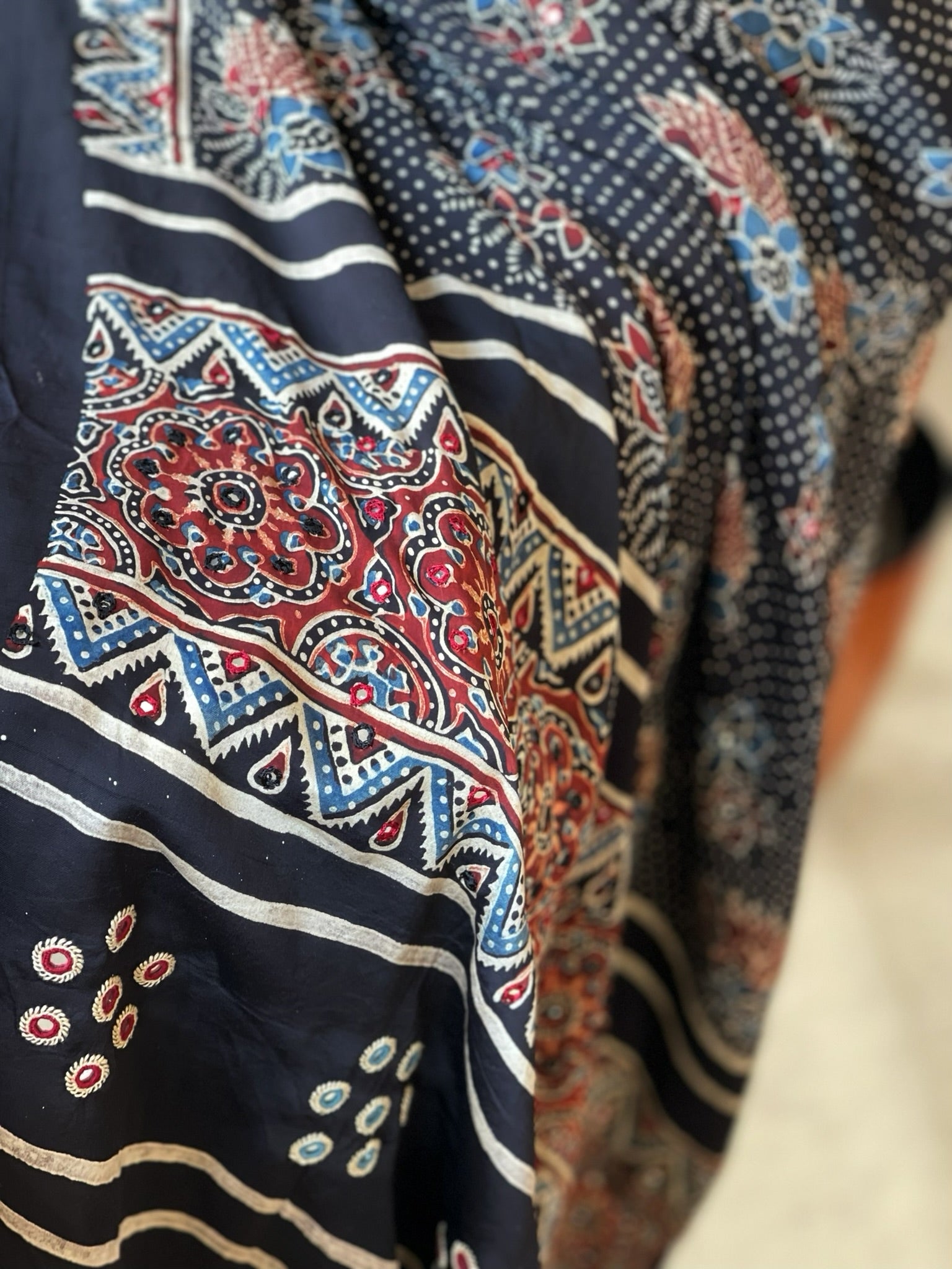 Handblock Printed Ajrakh Dupatta with Handwork in Modal Silk - Masakalee