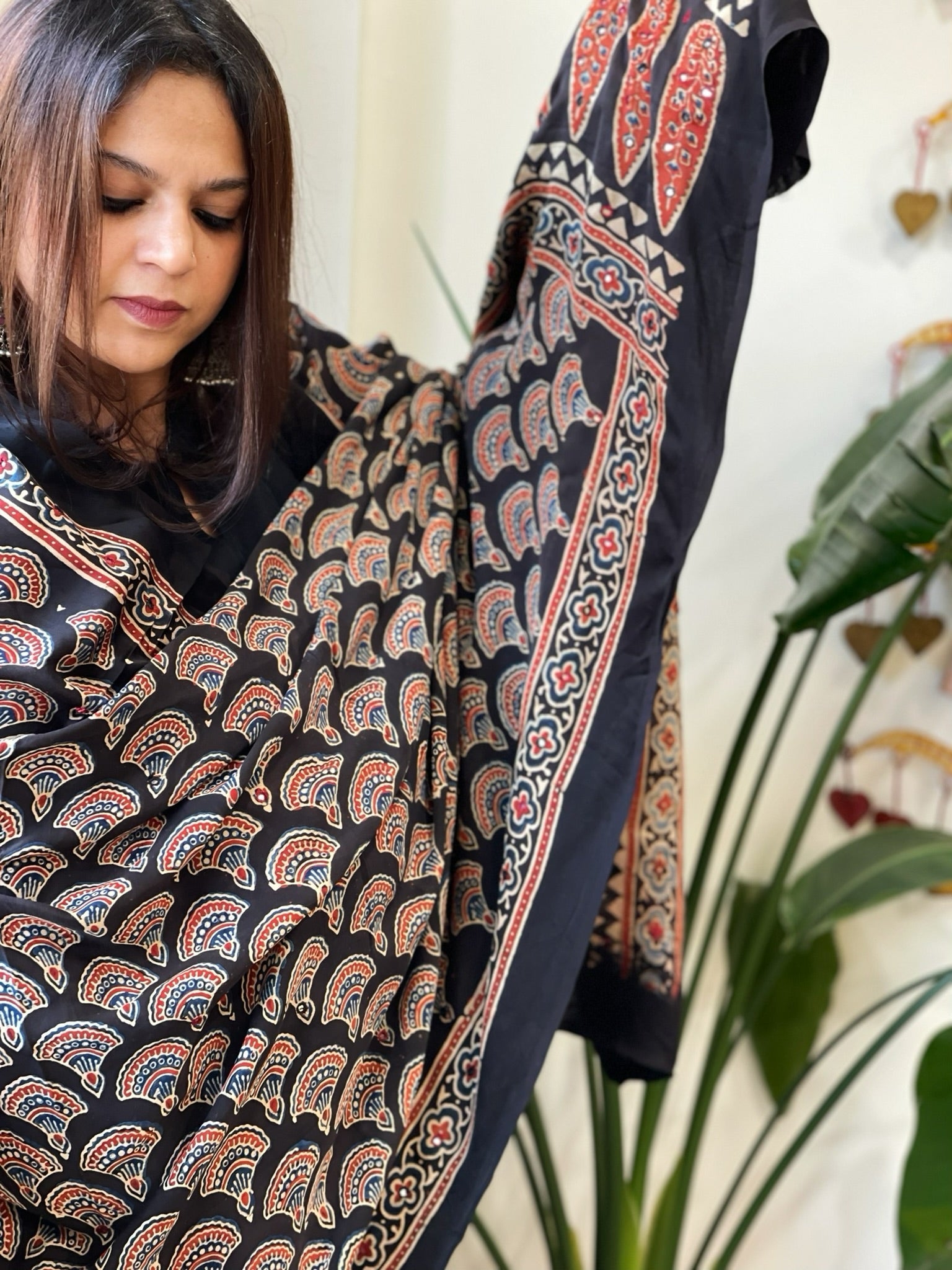 Handblock Printed Ajrakh Dupatta with Handwork in Modal Silk - Masakalee