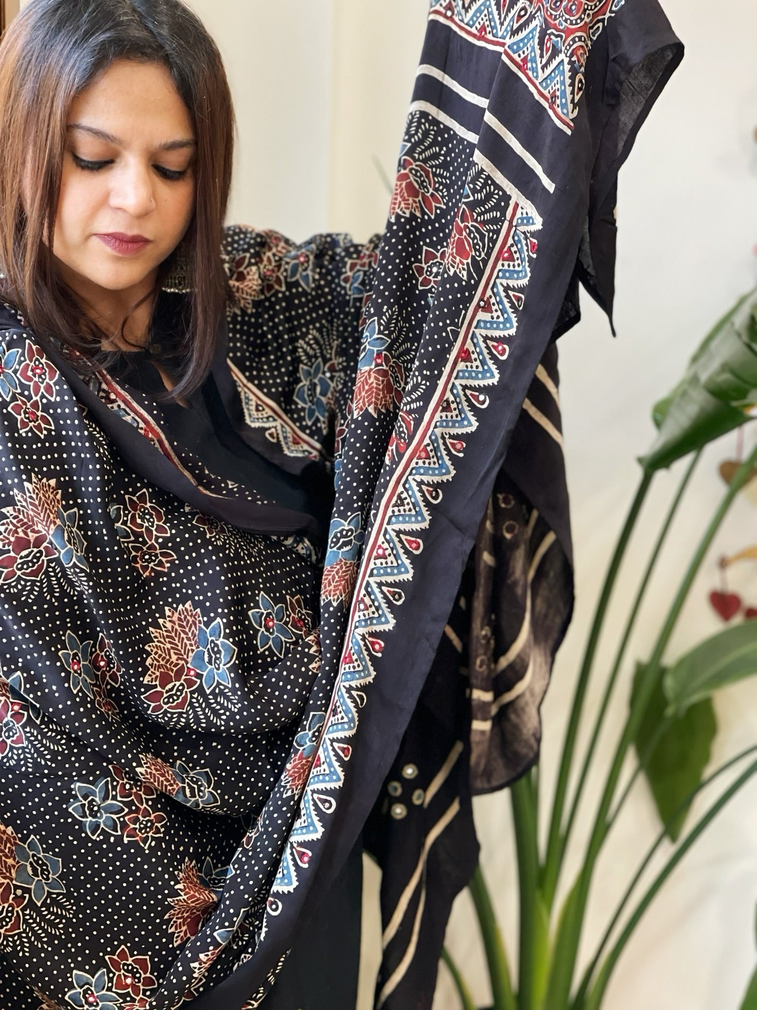 Handblock Printed Ajrakh Dupatta with Handwork in Modal Silk - Masakalee