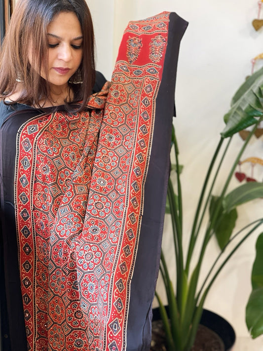 Handblock Printed Ajrakh Dupatta with Handwork in Modal Silk - Masakalee