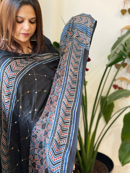 Handblock Printed Ajrakh Dupatta with Handwork in Modal Silk - Masakalee